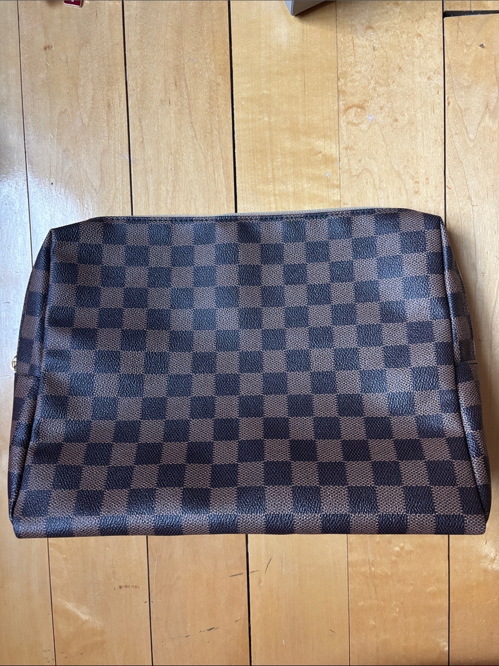 Source Unknown Brown Checkered Cosmetic Pouch